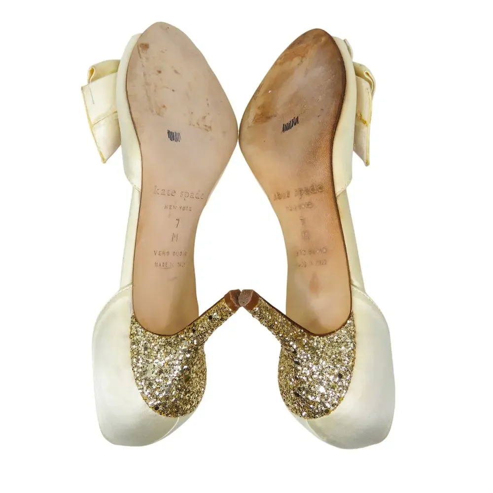 Kate Spade New York Sala D'Orsay Pump Heels Ivory Satin Bow Glitter Heel Size 7